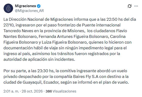 El comunicado de la agencia migratoria argentina (@Migraciones_AR vía X)