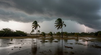 Cielo oscuro y tormentoso con lluvia intensa y un relámpago en la distancia, palmeras azotadas por el viento y terreno visiblemente inundado.
