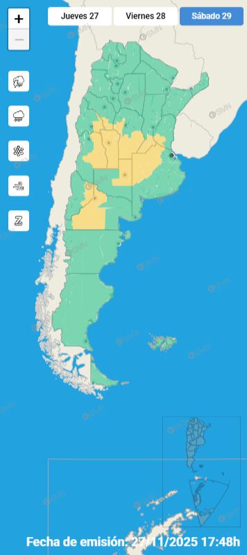 El SMN mantiene alerta amarilla para el este y norte de Buenos Aires, zonas limítrofes con La Pampa, Córdoba, Santa Fe y Entre Ríos