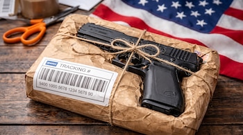 Una pistola negra sobre un paquete de papel marrón con etiqueta de seguimiento, atada con cordel, junto a una bandera de Estados Unidos.