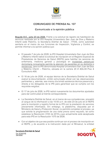 Comunicado de la Secretaría de Salud sobre el Hospital San Juan de Dios - crédito Alcaldía de Bogotá