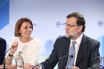 María Dolores de Cospedal y Mariano Rajoy durante la Junta Directiva Nacional del PP. (Europa Press)