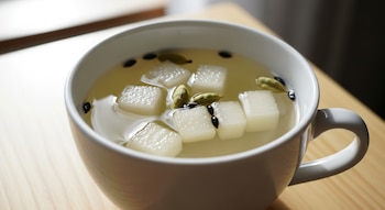 Una taza blanca contiene té de color amarillo claro con cubos blancos de pera, vainas verdes de cardamomo y semillas negras flotando. Hay una iluminación suave.