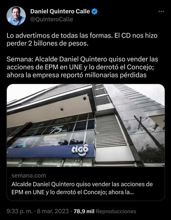 Alcalde Daniel Quintero se refirió a las cifras negativas EPM-UNE