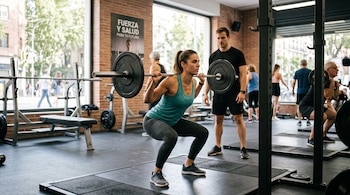 Una mujer con ropa deportiva hace sentadillas sosteniendo una barra con pesas mientras un hombre la observa dentro de un gimnasio.