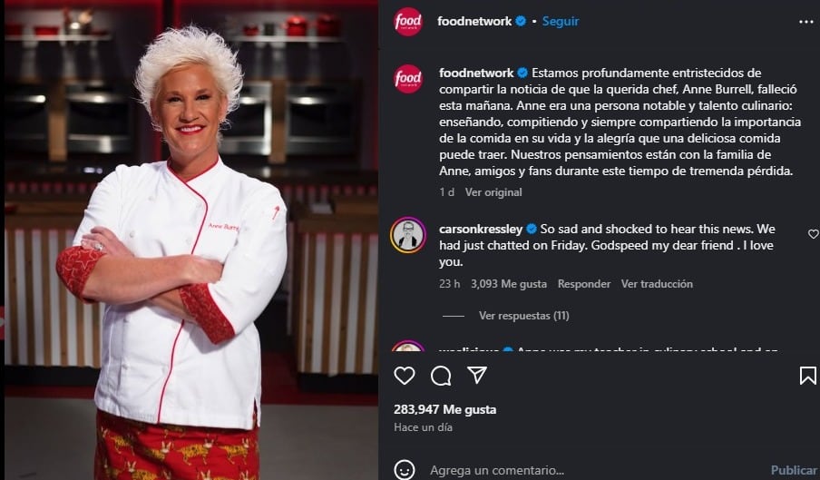 Food Network mandó sus condolencias para la familia de Anne Burrelll. (Instagram/Food Network)