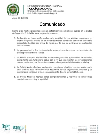 Comunicado oficial de las autoridades sobre el supuesto homicidio que involucra a un uniformado - crédito Policía Metropolitana de Bogotá / X