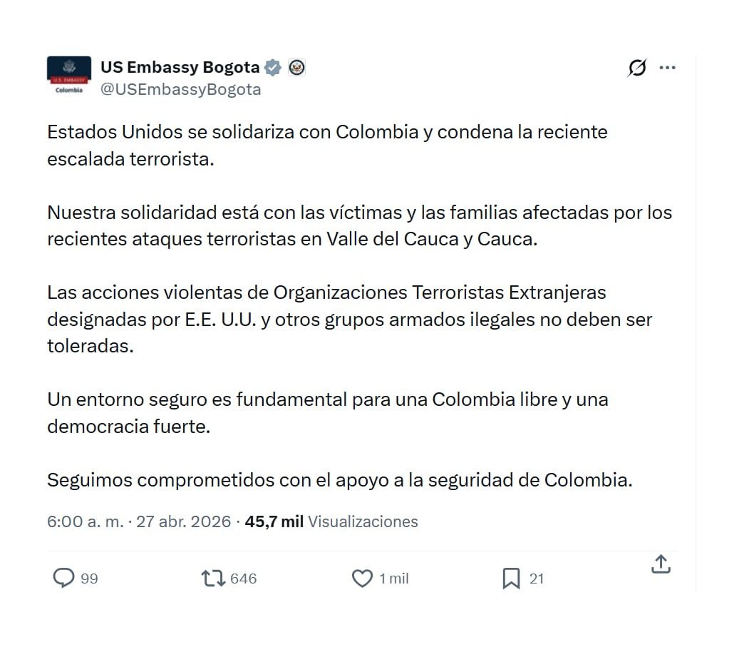 A través de sus canales oficiales, la Embajada de Estados Unidos en Colombia reaccionó a ataques de las disidencias de las Farc - crédito @USEmbassyBogota/X