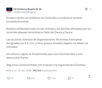 Embajada de Estados Unidos en Colombia reaccionó a ataques de las disidencias de las Farc