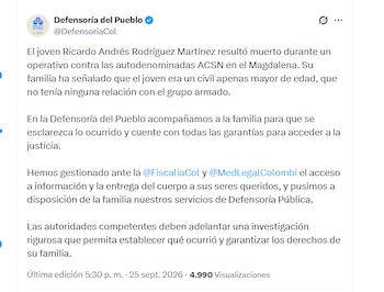 La Defensoría del Pueblo se pronunció sobre la muerte del joven Ricardo Andrés Rodríguez Martínez en un operativo militar - crédito @DefensoriaCol/X