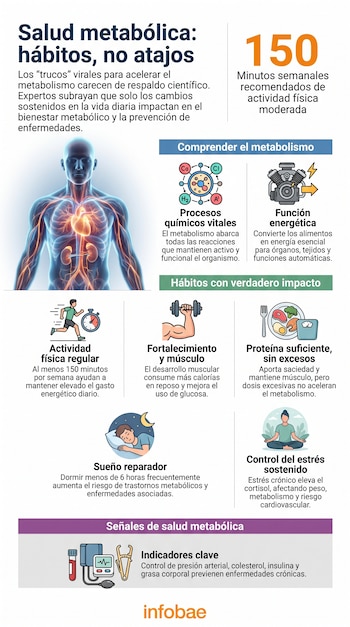 Infografía. Ilustración de cuerpo humano, símbolos químicos, motor. Íconos de actividad física, nutrición, sueño, meditación. Instrumentos médicos. Texto. Logo Infobae.