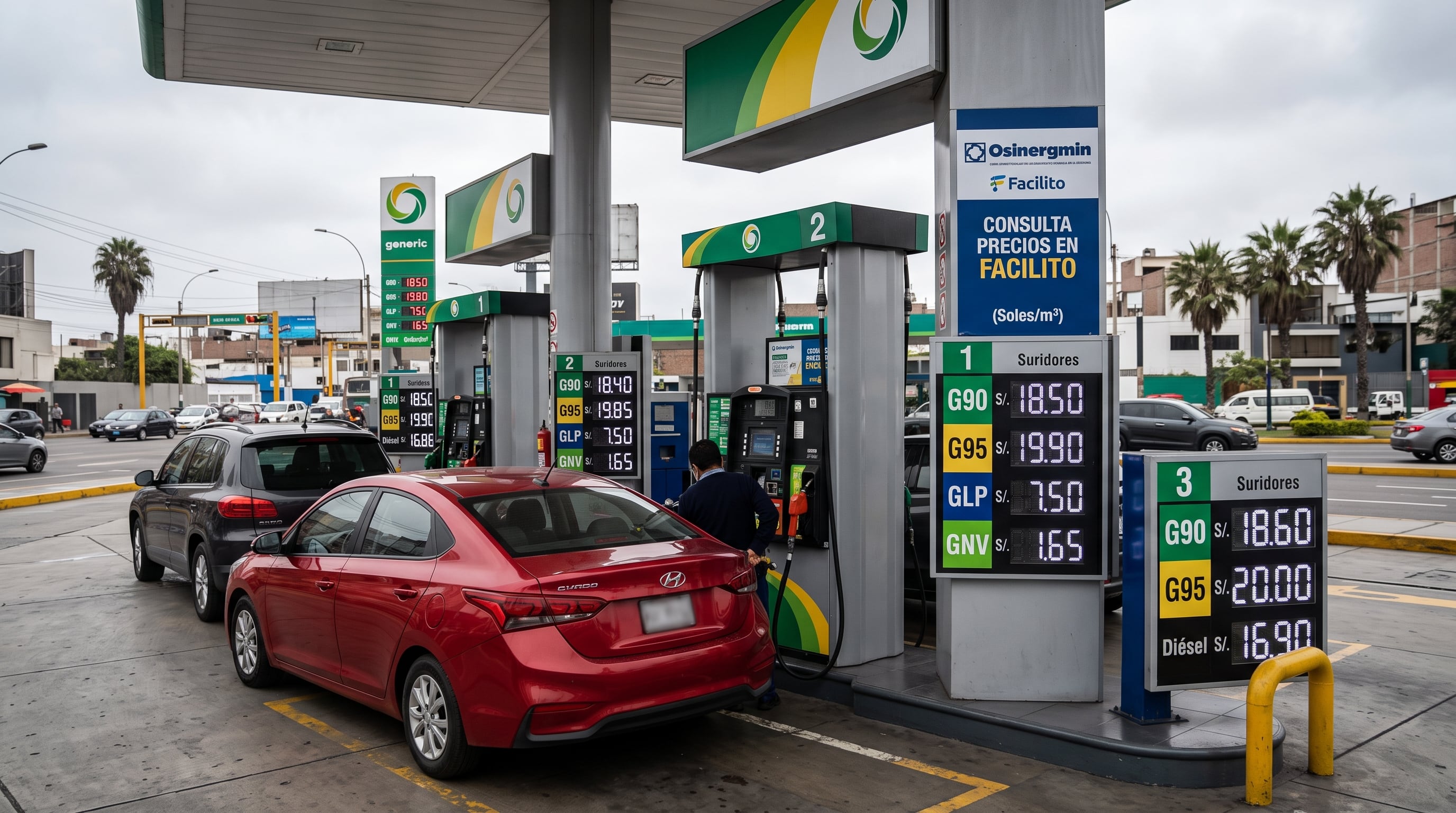 Varios surtidores de una estación de servicio en Lima registran los precios en soles de diversos combustibles junto a un panel informativo de Facilito. (Imagen Ilustrativa Infobae)