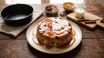 Un budín de pan cubierto de caramelo en un plato, junto a un molde de horneado, frutos secos, tiras de naranja y un frasco de leche.