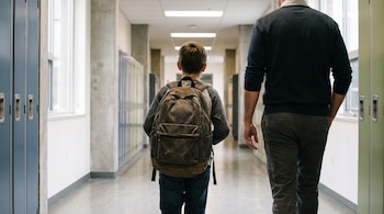 Preadolescente de espaldas con mochila camina junto a adulto de espaldas en pasillo de escuela secundaria con lockers y ventanales a los lados.