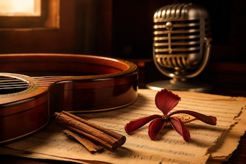 Una guitarra de madera, partituras antiguas, ramas de canela y una flor roja yacen sobre una mesa frente a un micrófono metálico.