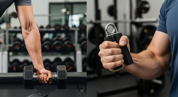 Pantalla partida. Izquierda: Brazo masculino sujetando mancuerna en banco. Derecha: Mano masculina apretando fortalecedor de agarre.