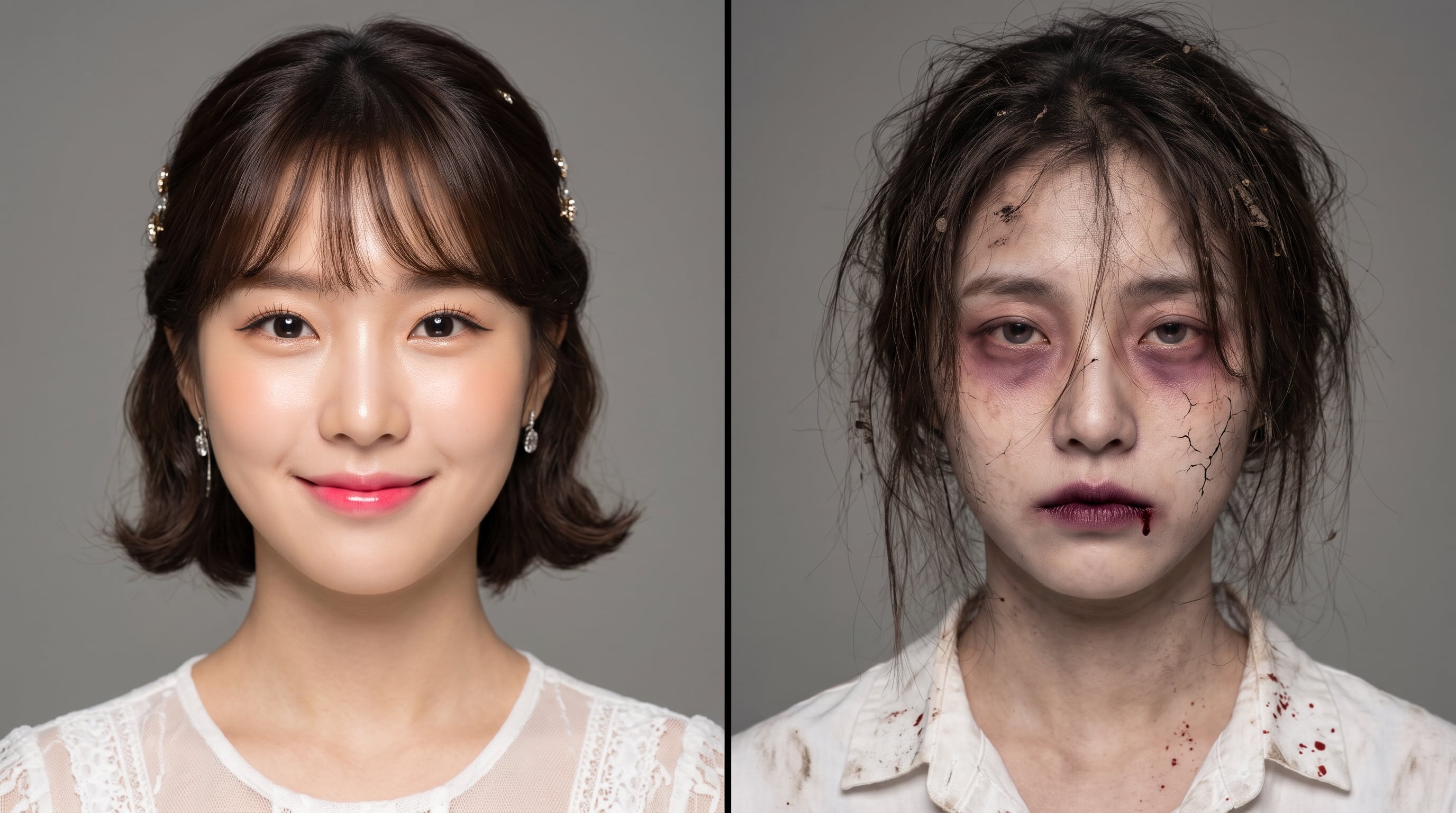 Una joven modela dos tipos de maquillaje, uno de estilo cosmético tradicional y otro con técnicas de efectos especiales de zombi. (Imagen Ilustrativa Infobae)