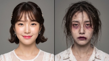 Fotografía dividida de una mujer: a la izquierda luce peinada y maquillada, y a la derecha lleva maquillaje de zombi con sangre y ropa sucia.