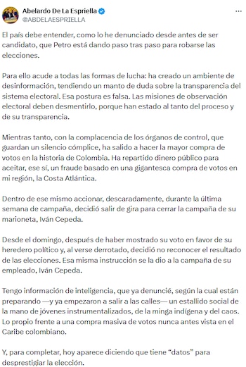 Abelardo de la Espriella denunció supuesto plan de Gustavo Petro e Iván Cepeda para “robarse la voluntad popular” - crédito @ABDELAESPRIELLA/X