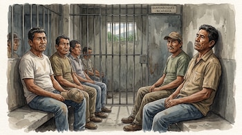 Una ilustración en acuarela muestra a seis hombres sentados en una celda de prisión con barrotes y una puerta. Un cartel dice Guardabosques-Nicaragua.