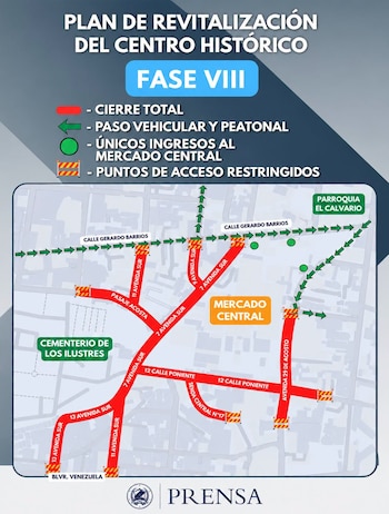 La alcaldía de San Salvador difundió un mapa con cierres totales, accesos restringidos y entradas habilitadas al mercado Central durante la intervención.
(Cortesía: Prensa San Salvador Centro)