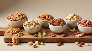 Seis cuencos con nueces de castilla, pistachos, almendras, nueces pecanas, nueces de la India y cacahuates sobre una tabla de madera con fondo beige.