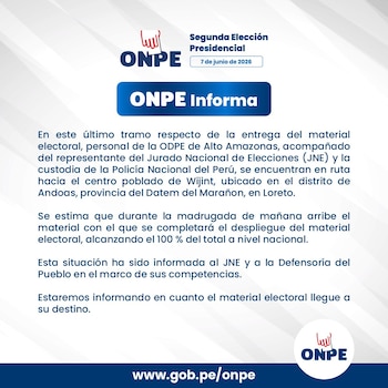 Gráfico azul y blanco de la ONPE informando sobre el despliegue del 100% del material electoral para la Segunda Elección Presidencial del 7 de junio de 2026