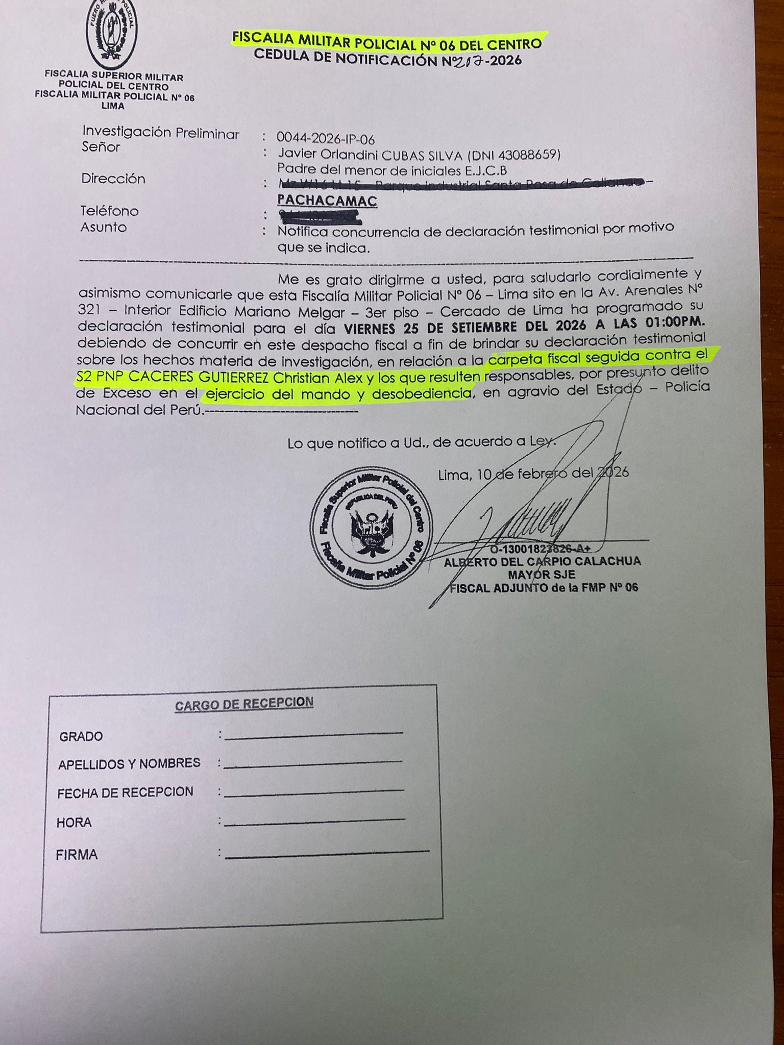 La Fiscalía Militar Policial notifica a padre de menor muerte en comisaría de Manchay para que brinde declaración testimonial