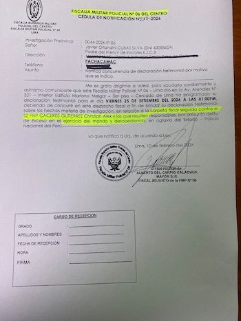 La Fiscalía Militar Policial notifica a padre de menor muerte en comisaría de Manchay para que brinde declaración testimonial