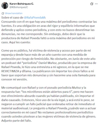 Karen Bohórquez sostiene que fue revictimizada en un podcast producido por Rafael Poveda, donde entrevistaron a su agresor sin consultar su versión ni acatar fallos judiciales - crédito @KBohorquezC / X