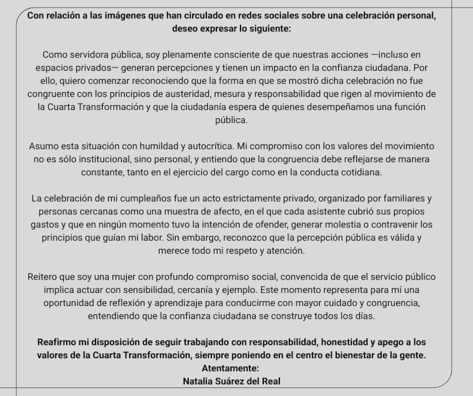 Natalia Suárez del Real emite comunicado reconociendo que la difusión de su fiesta no fue congruente con la austeridad.