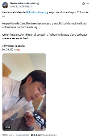 Abelardo de la Espriella anunció en redes sociales que ya dio instrucciones a la Cancillería para estudiar la posibilidad de concederle la nacionalidad a Zion Hwang - crédito @ABDELAESPRIELLA/X