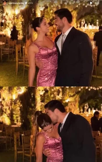 Arriba, Karime Scander con vestido rosa brillante y Alexander Bernhard con traje negro se miran. Abajo, él besa su frente en una boda