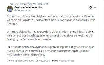 El secretario de Gobierno Gustavo Quintero Ardila condenó actos de violencia perpetrados con la sede de campaña de Paloma Valencia en Bogotá - crédito @GAquinteroA/X