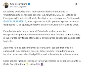 Julio César Triana presentó una intervención ciudadana ante la Corte Constitucional para solicitar que se declare exequible el Estado de Emergencia Económica - crédito @TrianaCongreso/X