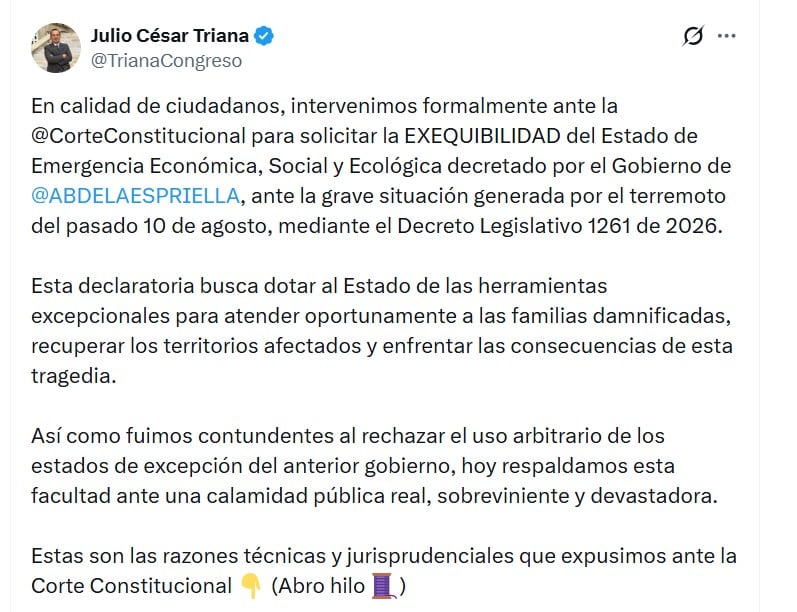 Julio César Triana presentó una intervención ciudadana ante la Corte Constitucional para solicitar que se declare exequible el Estado de Emergencia Económica - crédito @TrianaCongreso/X