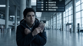 Joven con chaqueta oscura y pasaporte en un aeropuerto moderno. Al fondo, una pantalla de salidas indica vuelos a Bogotá, Madrid, Estambul y Moscú.