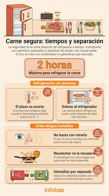 Infografía ilustrada sobre la conservación de carne con un refrigerador, un corte de carne, utensilios de cocina y texto informativo.