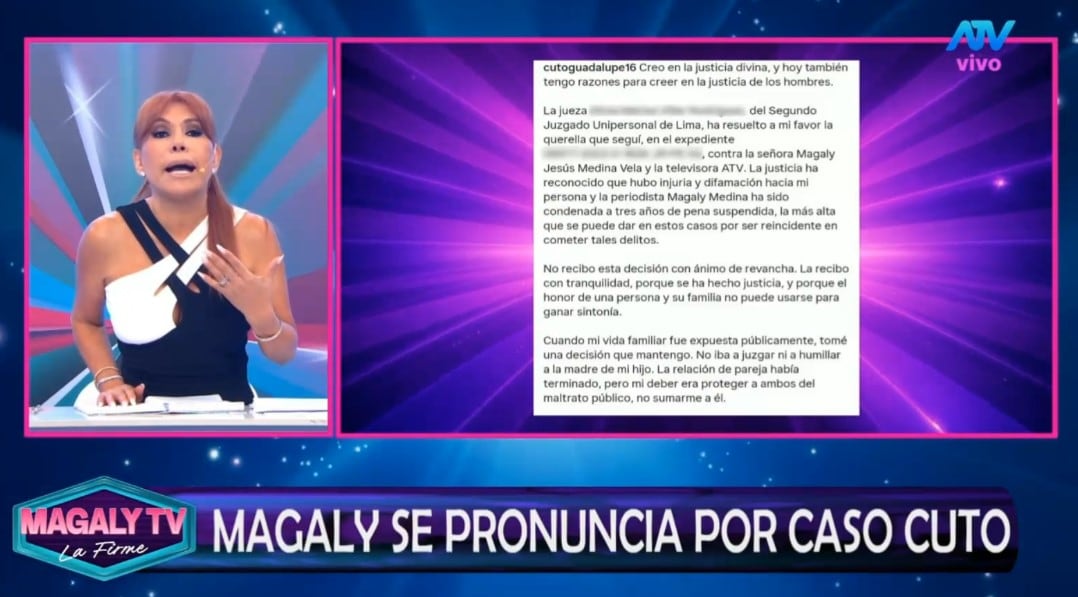 Magaly Medina responde tras condena de Cuto Guadalupe: “La Justicia tendría que tener un poco de discernimiento”. Captura: Magaly TV La Firme.