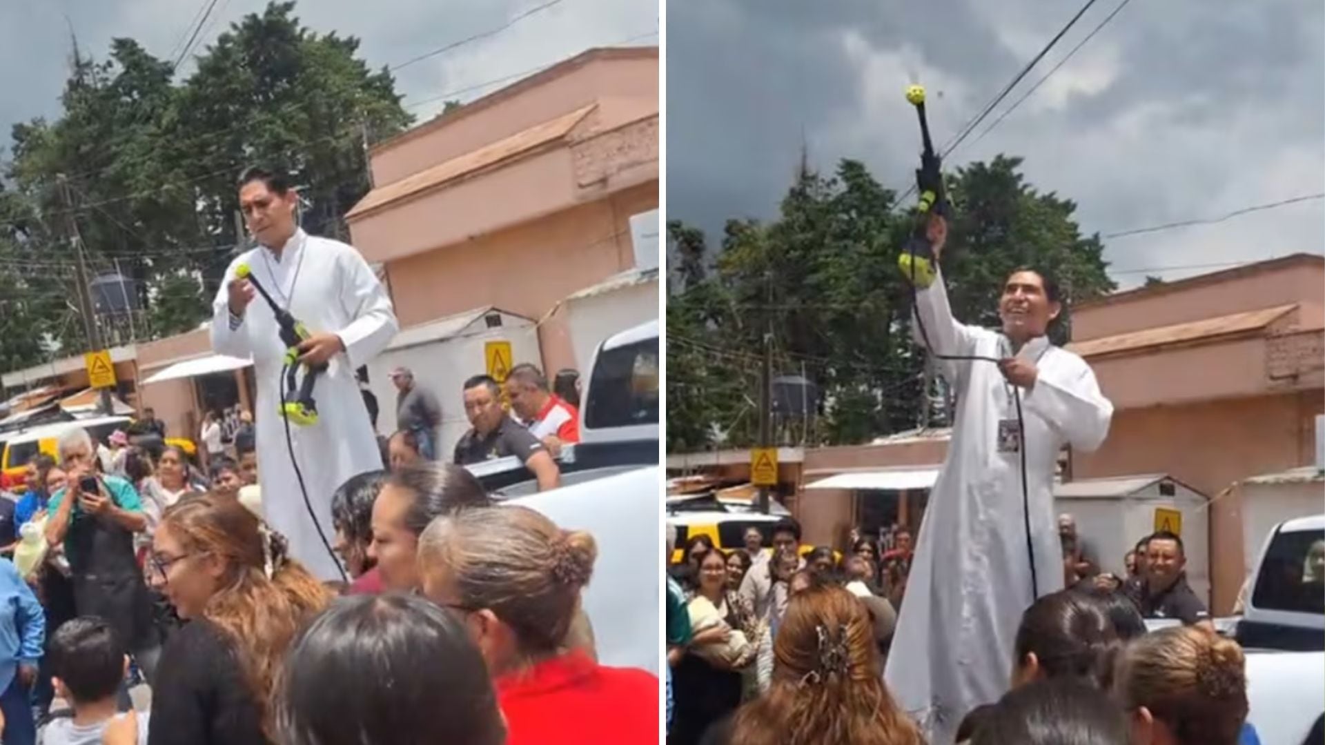 Sacerdote sorprende al bendecir a decenas de fieles con una hidrolavadora; el video arrasa en TikTok