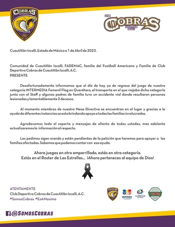 Comunicado de Club Cobras (foto:Facebook/@somoscobras)