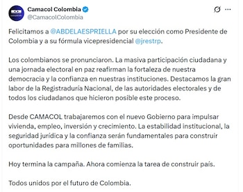 Camacol enfatizó en que comienza la tarea de construir país - crédito @CamacolColombia/X