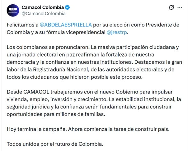 Camacol enfatizó en que comienza la tarea de construir país - crédito @CamacolColombia/X