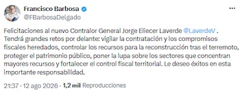 Francisco Barbosa destaca los retos que enfrenta el nuevo contralor y le desea éxitos en su gestión - crédito @FBarbosaDelgado/X