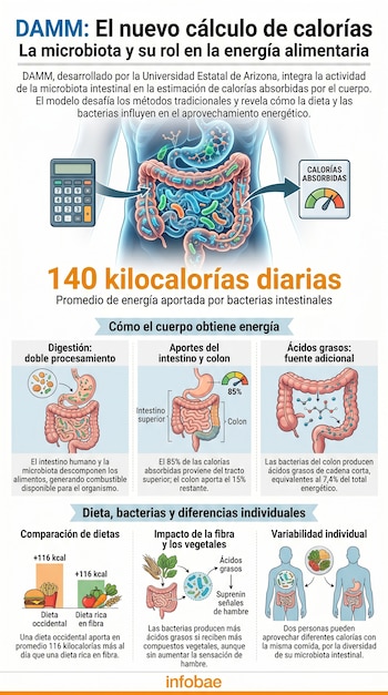 Infografía de sistema digestivo humano, calculadora, medidor de calorías. Gráficos muestran el rol de la microbiota intestinal en la absorción energética.