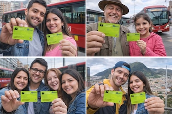 Personas sonrientes sostienen tarjetas verdes de TransMilenio en Bogotá. Autobuses rojos de TransMilenio y el paisaje urbano de la ciudad son visibles al fondo.