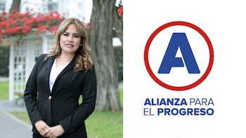 A la izquierda, retrato de una mujer vestida con un saco negro. A la derecha, el logotipo del partido Alianza para el Progreso
