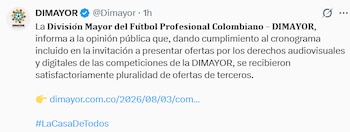 Este fue el anuncio de la Dimayor sobre el recibido de varias ofertas por los derechos de televisión del fútbol profesional colombiano - crédito Dimayor