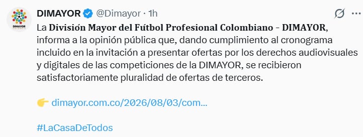Este fue el anuncio de la Dimayor sobre el recibido de varias ofertas por los derechos de televisión del fútbol profesional colombiano - crédito Dimayor