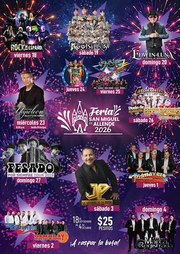 Cartel publicitario morado con destellos que muestra a varios grupos musicales, fechas de conciertos y el logotipo oficial del evento